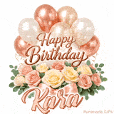 Beautiful pink and peach roses with gently moving Happy Birthday Kara text