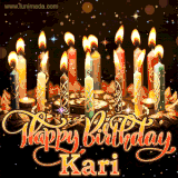 A glowing personalized birthday GIF with name Kari featuring lit candles with intricate designs, warm lighting, and the text 'Happy Birthday' in an elegant font.