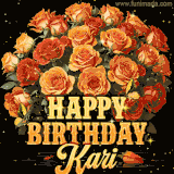 Animated bouquet of orange roses with moving butterfles and golden 'Happy Birthday Kari' text, surrounded by sparkling accents and a dark backdrop for a luxurious feel.