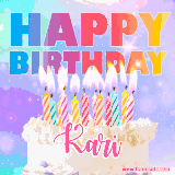 A vibrant animated name GIF with the words 'Happy Birthday Kari' with colorful candles on a creamy cake. The background sparkles with pastel shades, adding a festive touch.