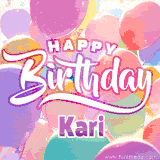 A vibrant name GIF featuring colorful balloons in shades of pink, orange, and yellow with the bold text 'Happy Birthday Kari' in festive fonts, creating a lively birthday vibe.