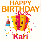 A vibrant and funny gift box character with a happy face dancing with a cupcake and the text 'Happy Birthday Kari,' surrounded by animated confetti and party vibes.