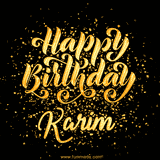 Animated GIF with colorful, festive 'Happy Birthday Karim' text decorated with patterns, a party hat, and falling confetti. A vibrant and cheerful design for birthday celebrations.