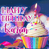 A festive animated GIF featuring a colorful cupcake with a single lit candle, sprinkles, and 'Happy Birthday Karim' text against a sparkling, celebratory background.