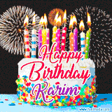 A lively happy birthday animated GIF showcasing a colorful birthday cake covered in sprinkles, topped with glowing candles, and surrounded by vibrant fireworks. The name 'Karim' is featured in elegant script.