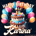 Hand-drawn happy birthday cake adorned with an arch of colorful balloons - name GIF for Karina