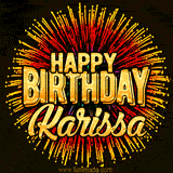 Golden 'Happy Birthday Karissa' text accompanied by animated rainbow fireworks for a festive animated greeting.