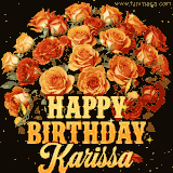 Animated bouquet of orange roses with moving butterfles and golden 'Happy Birthday Karissa' text, surrounded by sparkling accents and a dark backdrop for a luxurious feel.