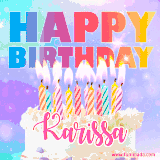 A vibrant animated name GIF with the words 'Happy Birthday Karissa' with colorful candles on a creamy cake. The background sparkles with pastel shades, adding a festive touch.