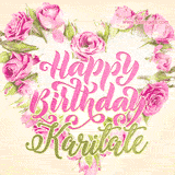 A stunning heart made of pink roses surrounds the elegant script text 'Happy Birthday Karitate' on a soft beige background. Animated sparkles add a magical and festive feel.