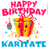 A vibrant and funny gift box character with a happy face dancing with a cupcake and the text 'Happy Birthday Karitate,' surrounded by animated confetti and party vibes.