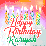 Bright birthday candles with rainbow flames on a cake, alongside the text 'Happy Birthday Kariyah' in vibrant script in this celebratory animated GIF.