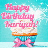 A festive cupcake with pink icing, a gingham bow, and a lit animated sparkler, paired with 'Happy Birthday Kariyah!' in bright pink text.