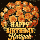 Animated bouquet of orange roses with moving butterfles and golden 'Happy Birthday Kariyah' text, surrounded by sparkling accents and a dark backdrop for a luxurious feel.