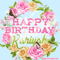 A charming animated GIF featuring 'Happy Birthday Kariyah' in pink and green text, surrounded by delicate roses, leaves, and fluttering butterflies on a soft light blue pastel background.
