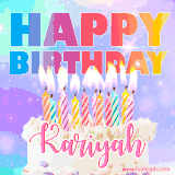 A vibrant animated name GIF with the words 'Happy Birthday Kariyah' with colorful candles on a creamy cake. The background sparkles with pastel shades, adding a festive touch.