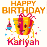 A vibrant and funny gift box character with a happy face dancing with a cupcake and the text 'Happy Birthday Kariyah,' surrounded by animated confetti and party vibes.