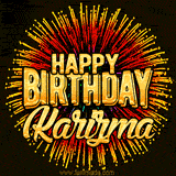 Golden 'Happy Birthday Karizma' text accompanied by animated rainbow fireworks for a festive animated greeting.