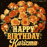 Animated bouquet of orange roses with moving butterfles and golden 'Happy Birthday Karizma' text, surrounded by sparkling accents and a dark backdrop for a luxurious feel.