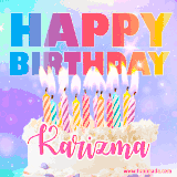 A vibrant animated name GIF with the words 'Happy Birthday Karizma' with colorful candles on a creamy cake. The background sparkles with pastel shades, adding a festive touch.
