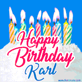 A cheerful animated GIF featuring colorful lit birthday candles on a white cake, with the text 'Happy Birthday Karl' in bold red and blue script on a bright blue background.