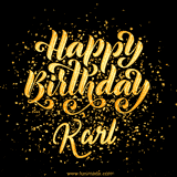 Animated GIF with colorful, festive 'Happy Birthday Karl' text decorated with patterns, a party hat, and falling confetti. A vibrant and cheerful design for birthday celebrations.