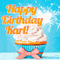 A cheerful animated GIF of a cupcake with creamy frosting, a red checkered ribbon, and a bright sparkler on top. The text 'Happy Birthday Karl!' is displayed in vibrant orange and red.