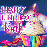 A festive animated GIF featuring a colorful cupcake with a single lit candle, sprinkles, and 'Happy Birthday Karl' text against a sparkling, celebratory background.