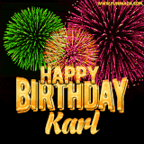 A captivating GIF with bursts of green, pink, and orange fireworks lighting up the night sky, accompanied by 'Happy Birthday Karl' in glowing golden text.