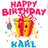 A funny animated birthday GIF with the words 'Happy Birthday Karla', colorful gift box with arms and legs, holding a cupcake with a lit candle  with confetti everywhere.