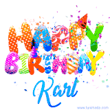 Animated GIF with colorful, festive 'Happy Birthday Karl' text decorated with patterns, a party hat, and falling confetti. A vibrant and cheerful design for birthday celebrations.