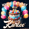 Hand-drawn happy birthday cake adorned with an arch of colorful balloons - name GIF for Karlee