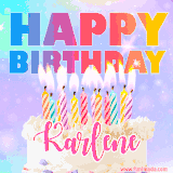 A vibrant animated name GIF with the words 'Happy Birthday Karlene' with colorful candles on a creamy cake. The background sparkles with pastel shades, adding a festive touch.