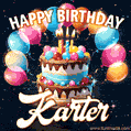Hand-drawn happy birthday cake adorned with an arch of colorful balloons - name GIF for Karter