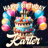 Musical happy birthday animated GIF for Karter featuring a playful raccoon with dark fur, in sunglasses and a party hat, rocking out on an electric guitar.