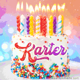 A cheerful cat wearing sunglasses, enjoying drinks on a sunny beach chair, with the text 'Happy Birthday Karter!' in bright letters.