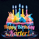 A vibrant animated GIF featuring a colorful rotating birthday cake with bright frosting swirls, glowing candles, and the text 'Happy Birthday Karter!' in rainbow colors.