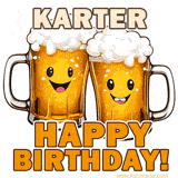 Animated GIF with name Karter featuring two smiling beer mugs with frothy tops, toasting in celebration. The text reads 'Karter, Happy Birthday!' in bold letters.