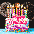 Amazing Animated GIF Image for Karthikeya with Birthday Cake and Fireworks
