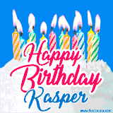 A cheerful animated GIF featuring colorful lit birthday candles on a white cake, with the text 'Happy Birthday Kasper' in bold red and blue script on a bright blue background.
