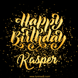 Animated GIF with colorful, festive 'Happy Birthday Kasper' text decorated with patterns, a party hat, and falling confetti. A vibrant and cheerful design for birthday celebrations.