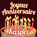 A Happy Birthday GIF in French featuring a festive birthday cake adorned with bright candles and the glowing text 'Joyeux Anniversaire Kasper' in a cheerful style.