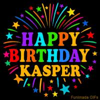 Vibrant animated GIF with 'Happy Birthday Kasper' in rainbow-colored text, surrounded by colorful stars and fireworks on a black background.