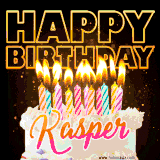 A vibrant animated GIF featuring a delicious birthday cake topped with glowing candles and the name 'Kasper' in elegant script, and the words 'Happy Birthday' on the black background.