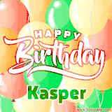 Animated GIF featuring colorful balloons in the background with the cheerful text 'Happy Birthday Kasper'.