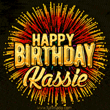Golden 'Happy Birthday Kassie' text accompanied by animated rainbow fireworks for a festive animated greeting.
