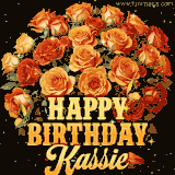 Animated bouquet of orange roses with moving butterfles and golden 'Happy Birthday Kassie' text, surrounded by sparkling accents and a dark backdrop for a luxurious feel.