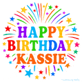 Happy Birthday Kassie' GIF with rainbow-colored letters, colorful stars, and fireworks on white background.