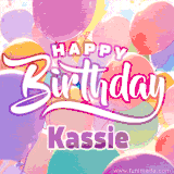 A vibrant name GIF featuring colorful balloons in shades of pink, orange, and yellow with the bold text 'Happy Birthday Kassie' in festive fonts, creating a lively birthday vibe.