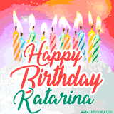 Bright birthday candles with rainbow flames on a cake, alongside the text 'Happy Birthday Katarina' in vibrant script in this celebratory animated GIF.